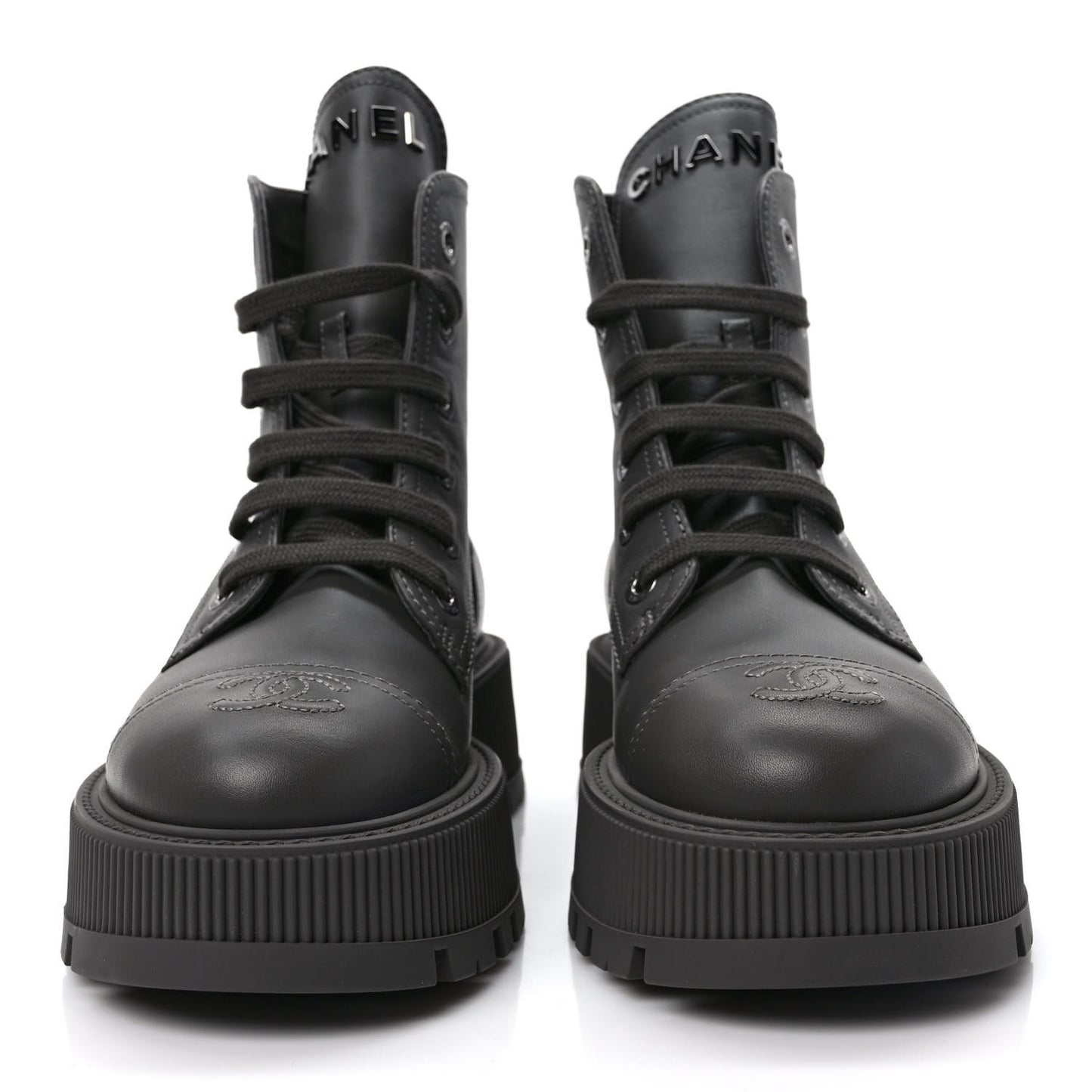 Calfskin CC Lace Up Combat Boots 37 Gray