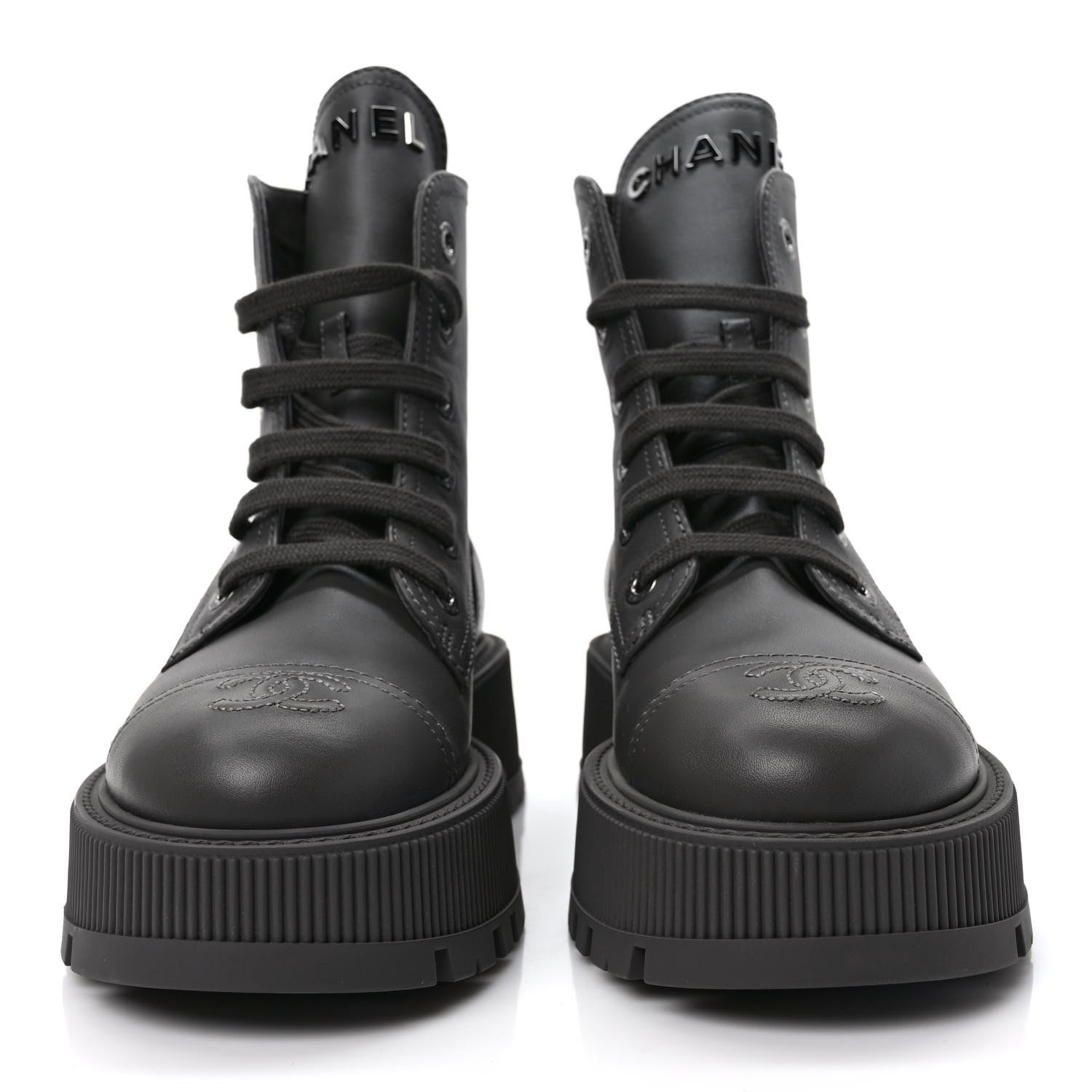 Chanel Calfskin CC Lace Up Combat Boots 37 Gray 2 of 10