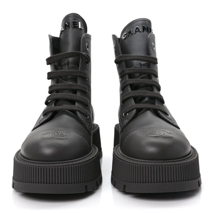 Chanel Calfskin CC Lace Up Combat Boots 37 Gray 2 of 10