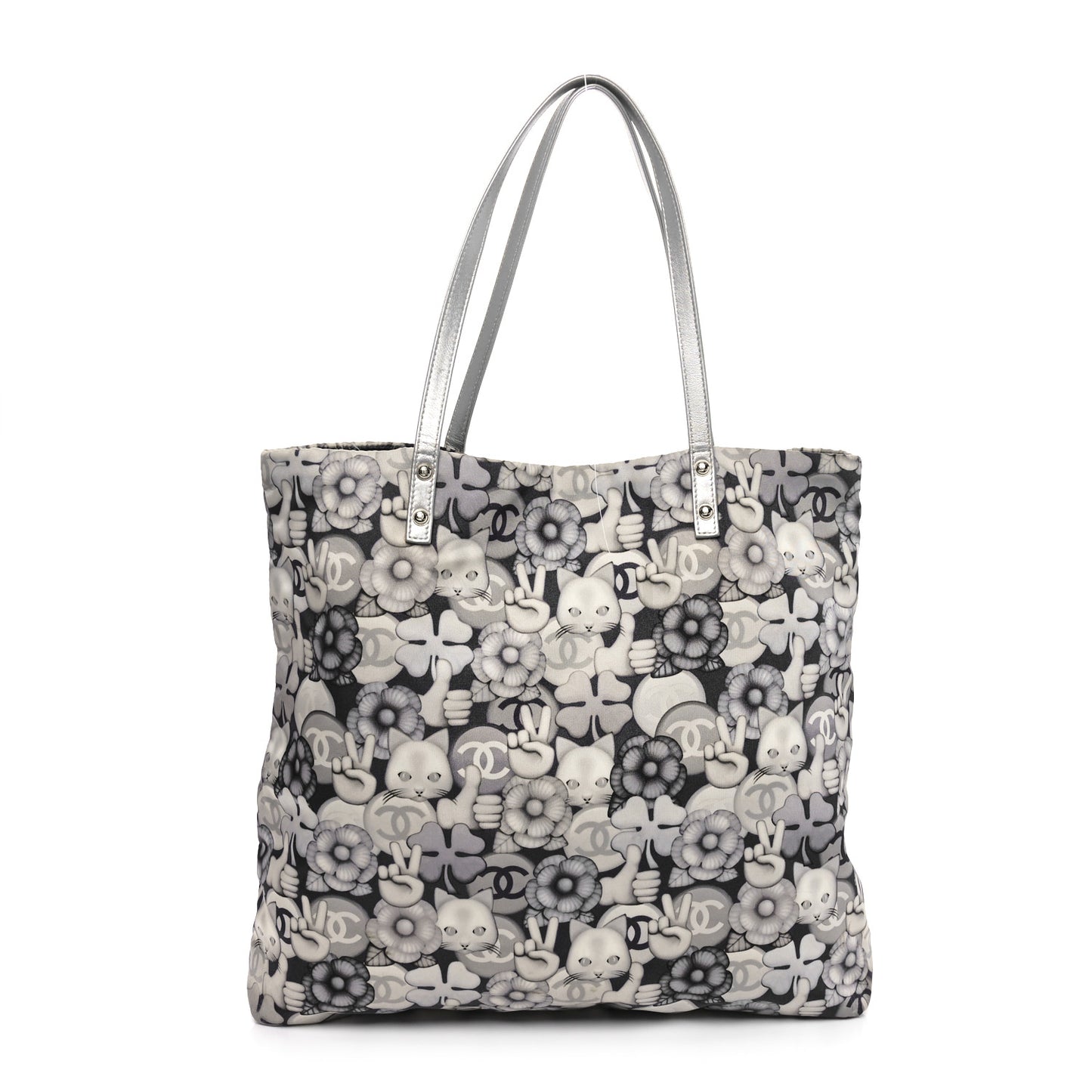 Nylon Cat Emoticon Tote Navy Silver