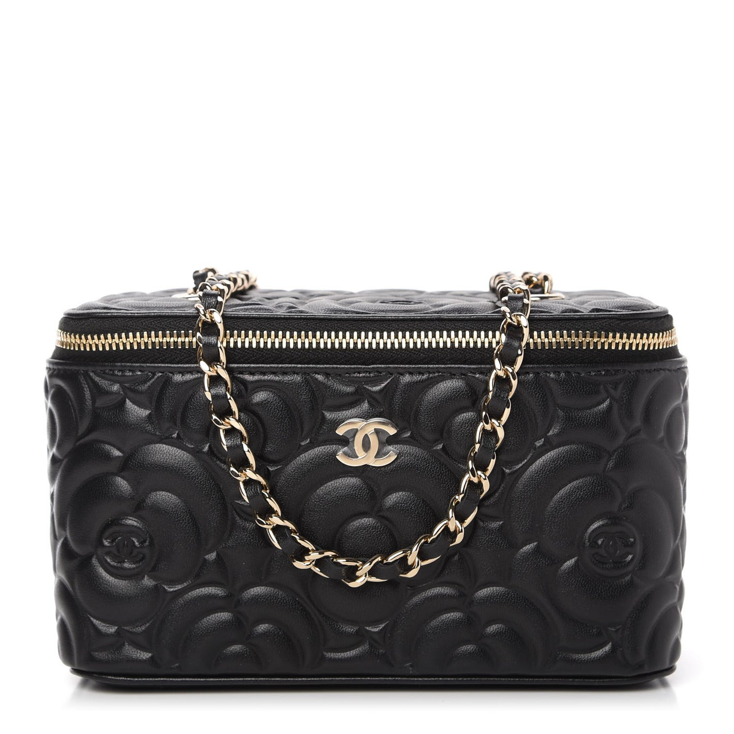Lambskin Camellia Embossed Small Vanity Case With Chain Black