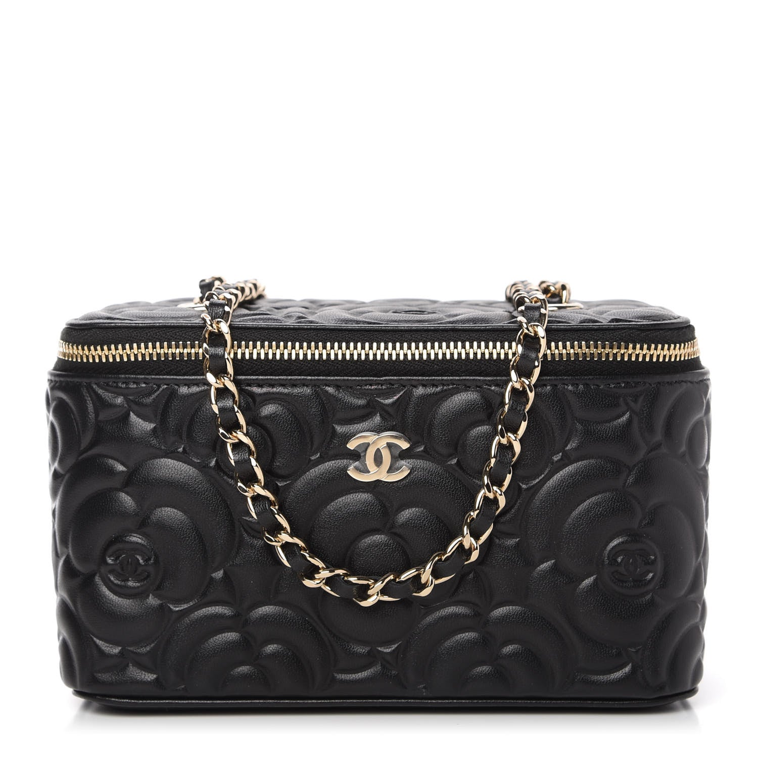 Chanel Lambskin Camellia Embossed Small Vanity Case With Chain Black 1 of 11
