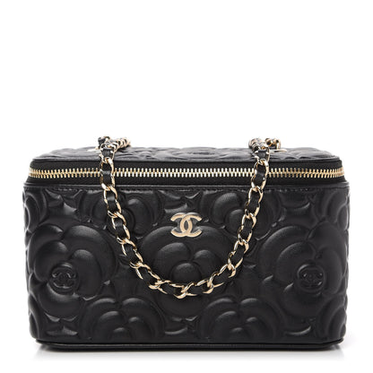 Chanel Lambskin Camellia Embossed Small Vanity Case With Chain Black 1 of 11