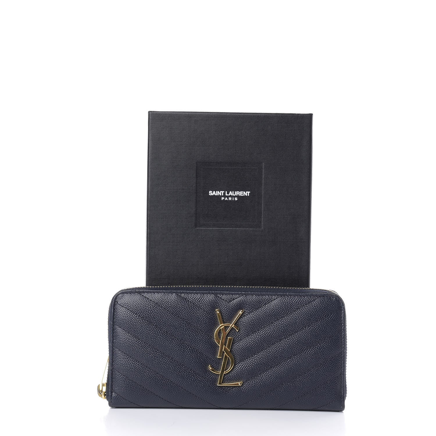 Saint Laurent Grain De Poudre Matelasse Chevron Monogram Zip Around Wallet Navy 7 of 11