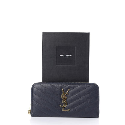Saint Laurent Grain De Poudre Matelasse Chevron Monogram Zip Around Wallet Navy 7 of 11