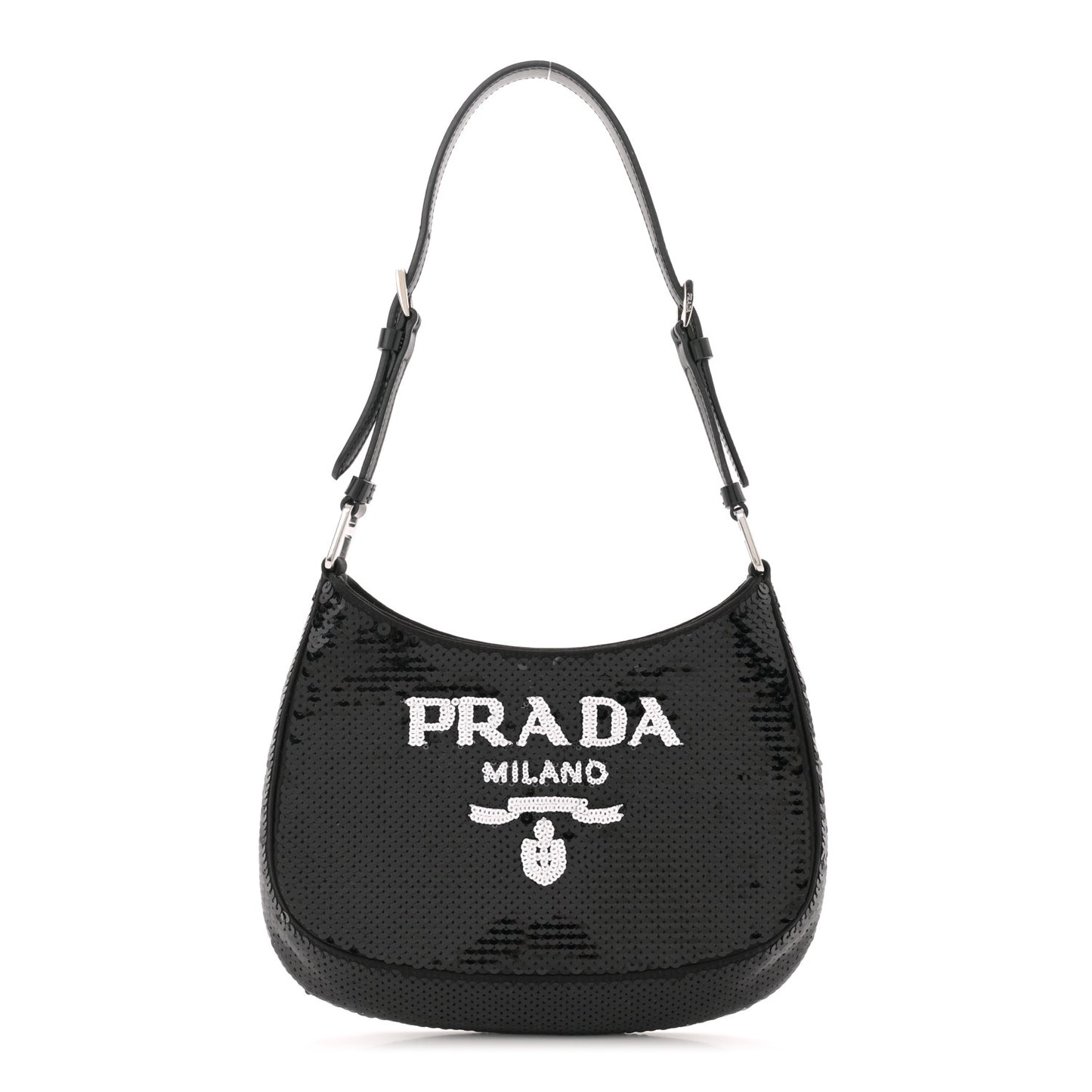 Paillettes Sequin Logo Cleo Adjustable Strap Shoulder Bag Black White