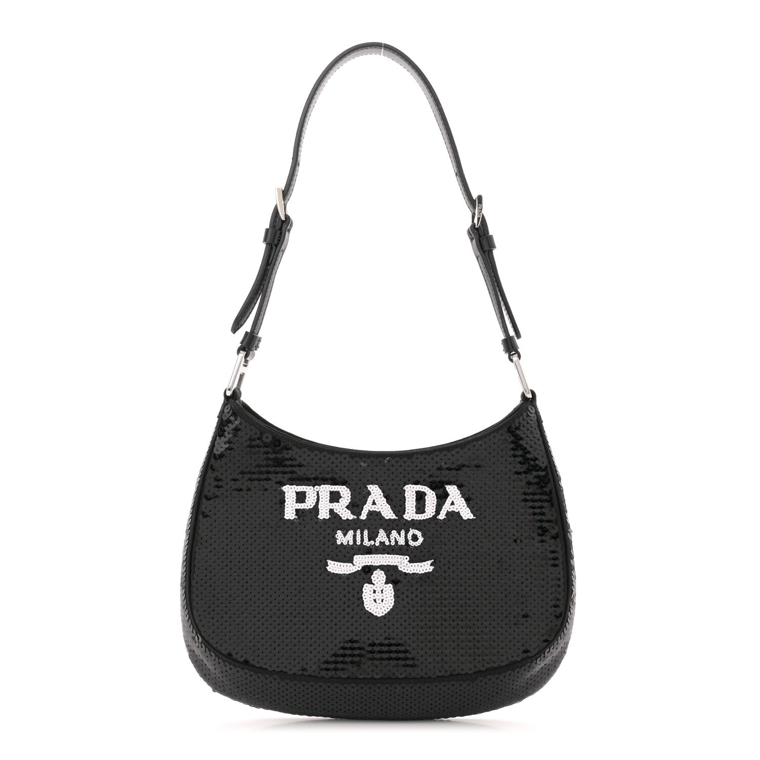 Prada Paillettes Sequin Logo Cleo Adjustable Strap Shoulder Bag Black White 1 of 12