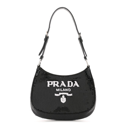 Prada Paillettes Sequin Logo Cleo Adjustable Strap Shoulder Bag Black White 1 of 12