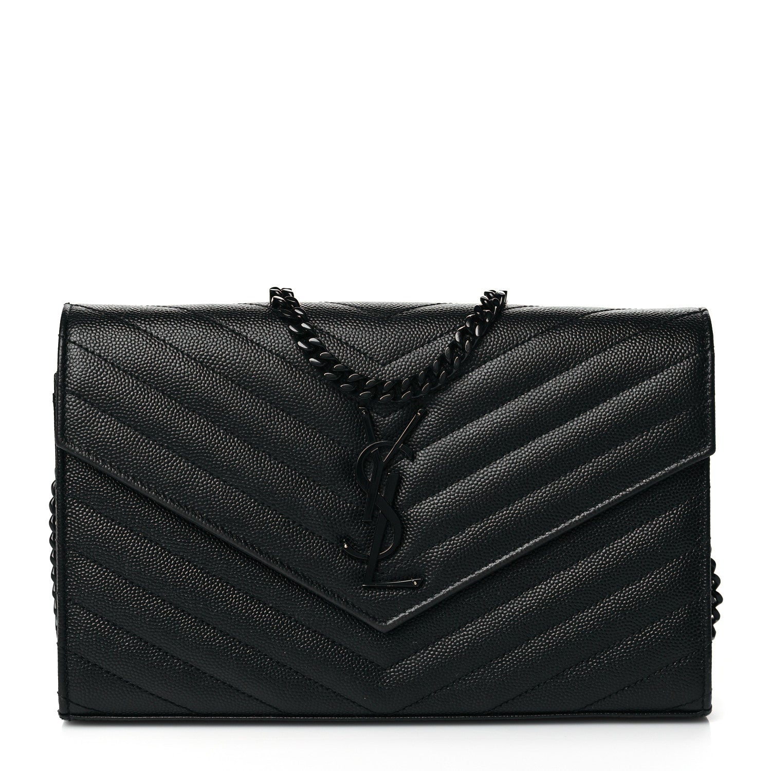 Saint Laurent Grain De Poudre Matelasse Chevron Monogram Chain Wallet Black 1 of 11