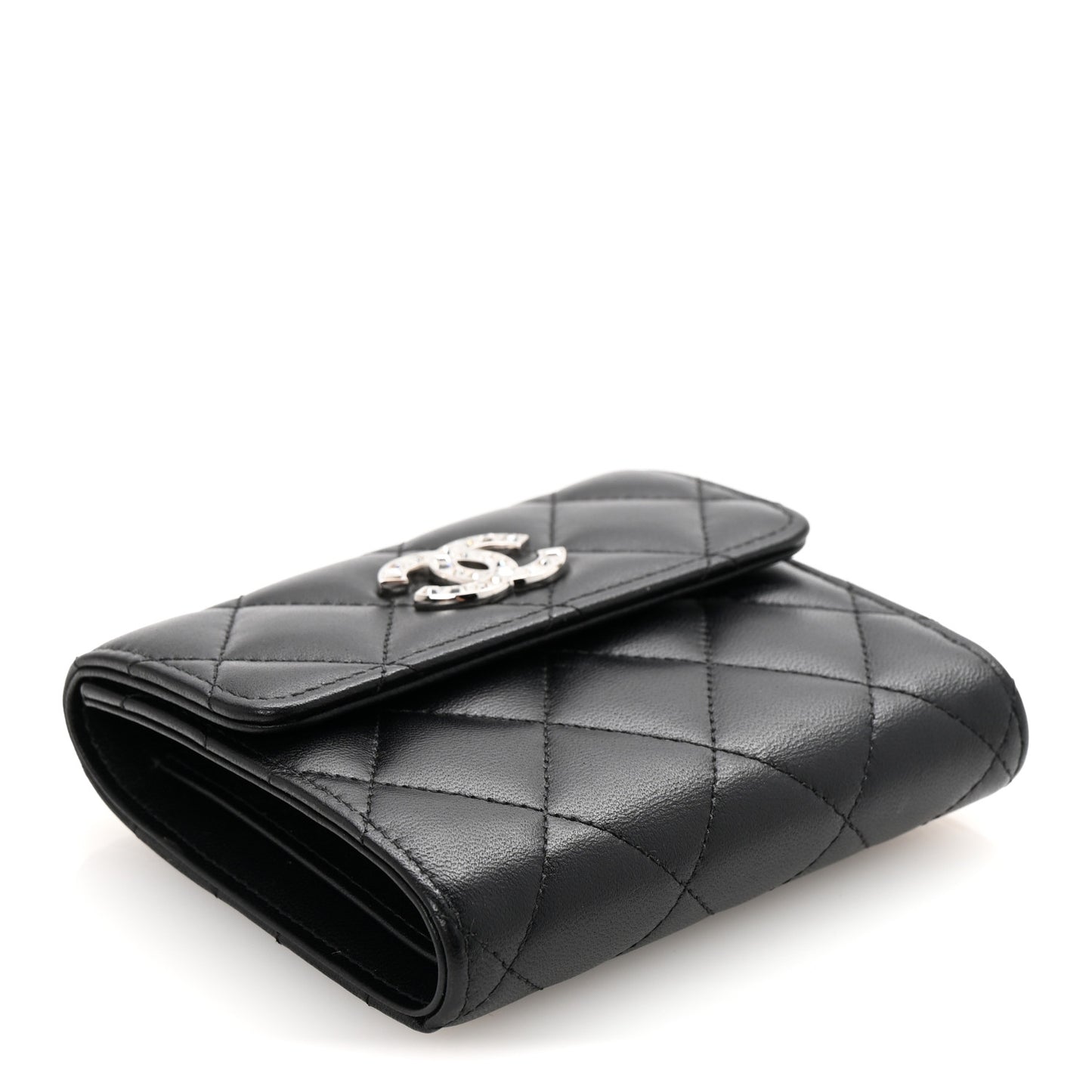 Lambskin Quilted Baguette Crystal Small Compact Wallet Black