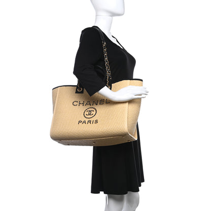 Chanel Straw Raffia Calfskin Chain Medium Deauville Tote Beige Black 2 of 9