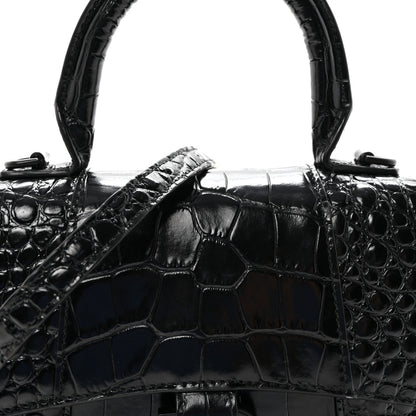 Balenciaga Shiny Calfskin Monochrome Crocodile Embossed Hourglass Top Handle Bag XS Black 7 of 9