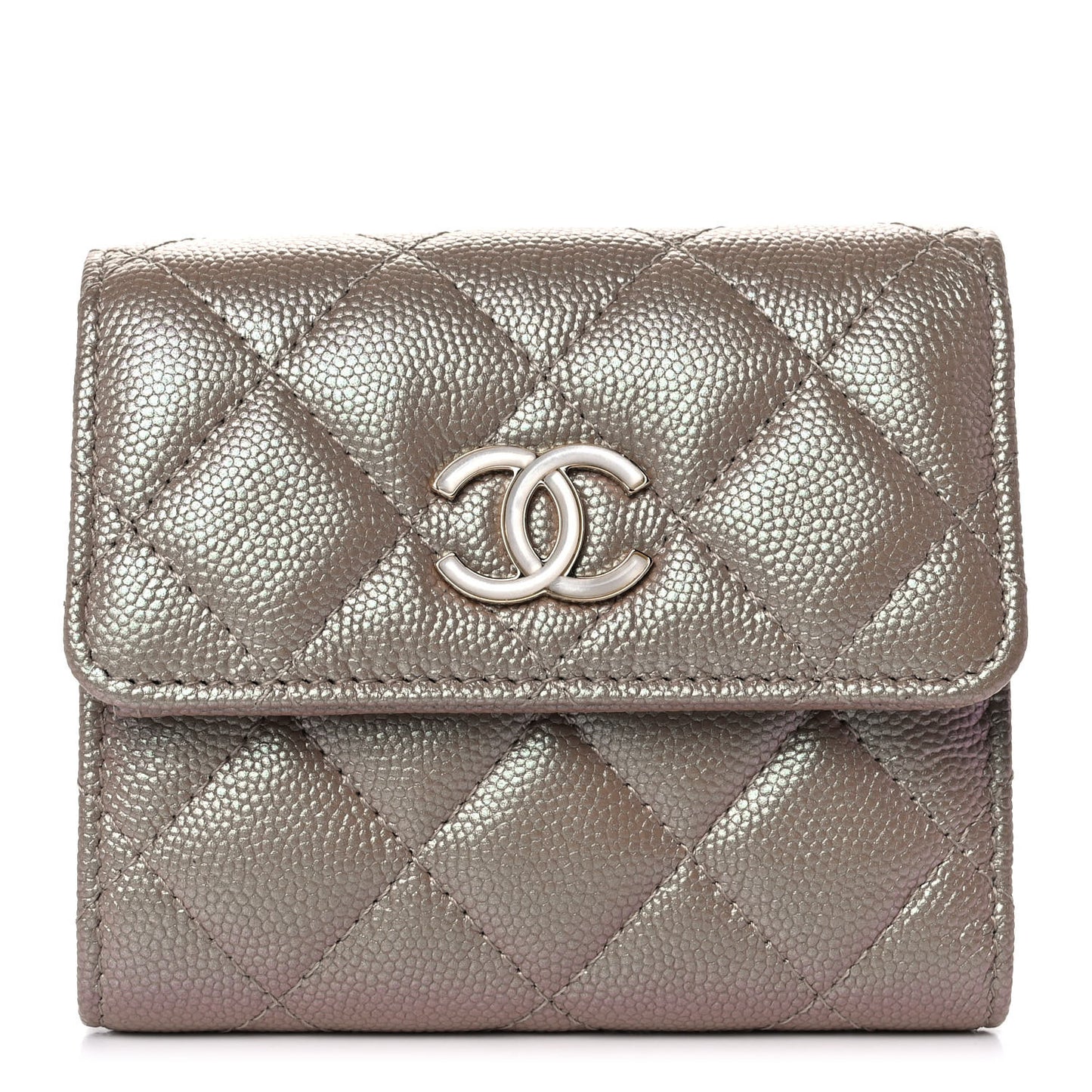 Iridescent Caviar Quilted Small Flap Wallet Beige