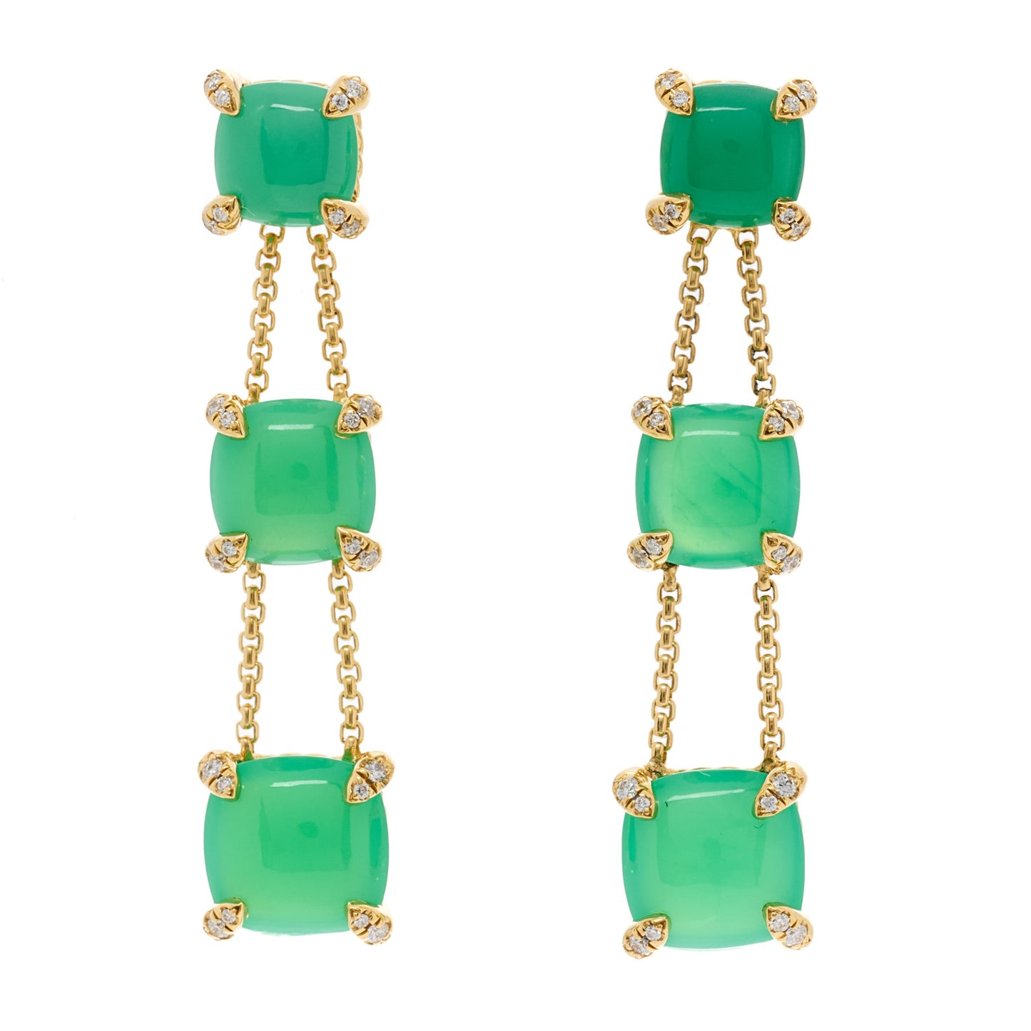 18K Yellow Gold Diamond Chrysoprase Chatelaine Chain Drop Earrings