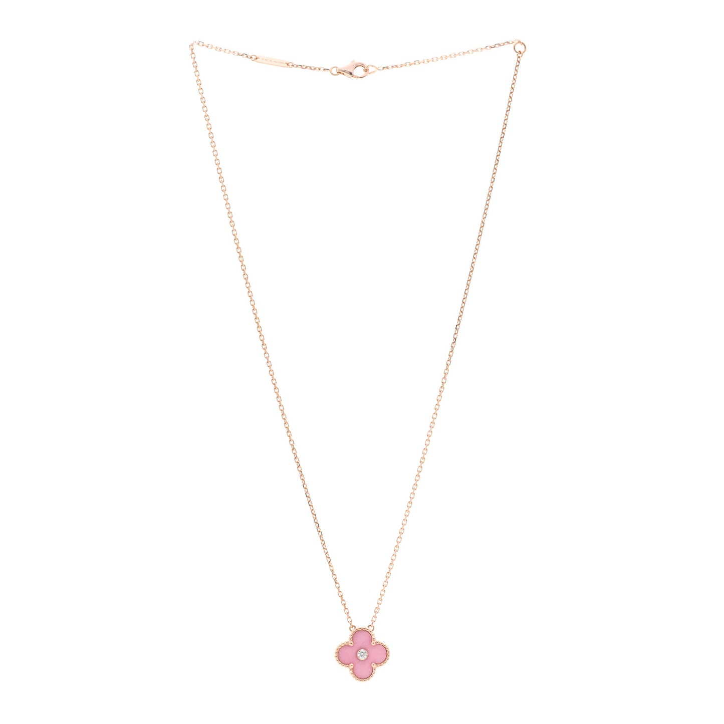 18K Rose Gold Diamond Pink Porcelain Vintage Alhambra Pendant Necklace