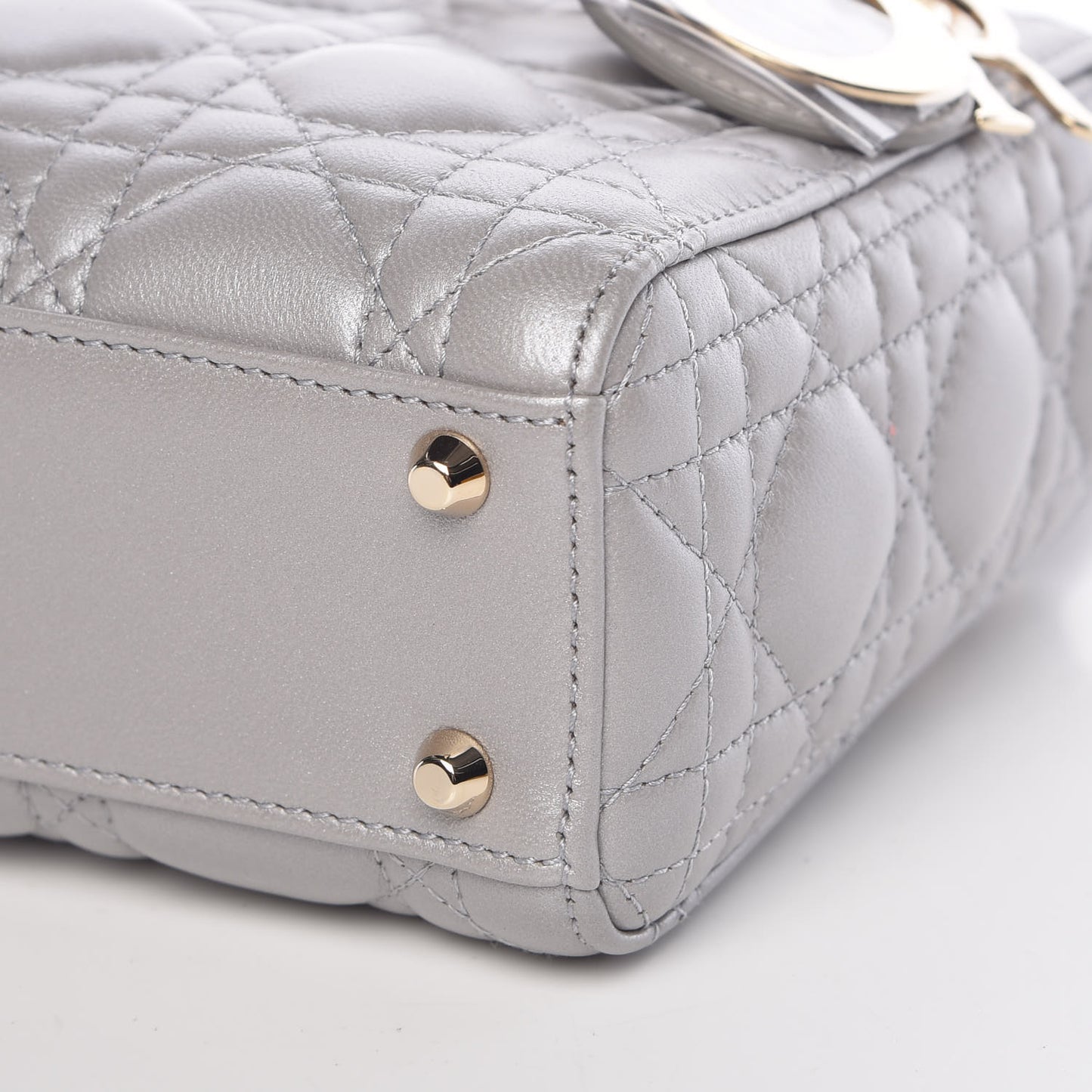 Metallic Lambskin Cannage Mini Lady Dior Grey