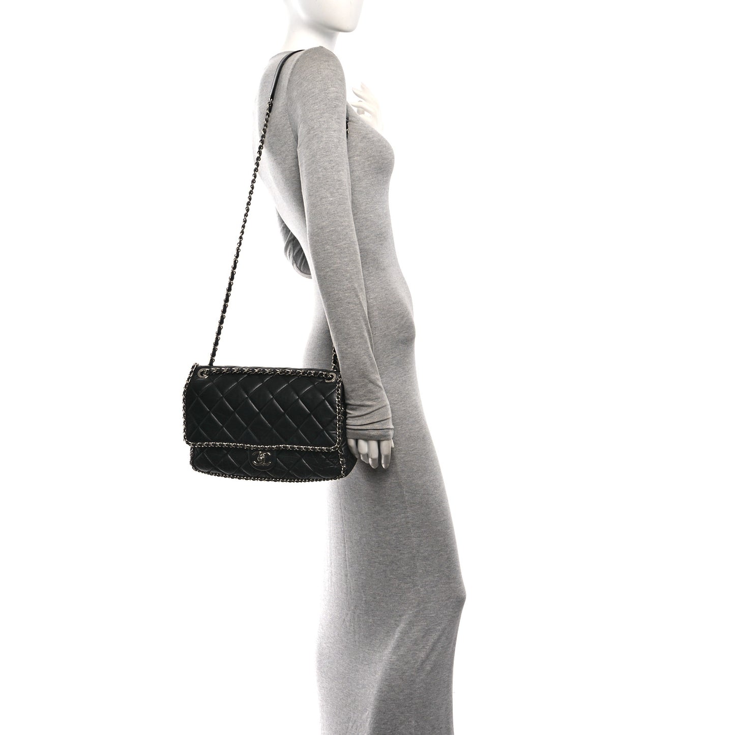 Crumpled Calfskin Quilted Large Chain Around Flap Black