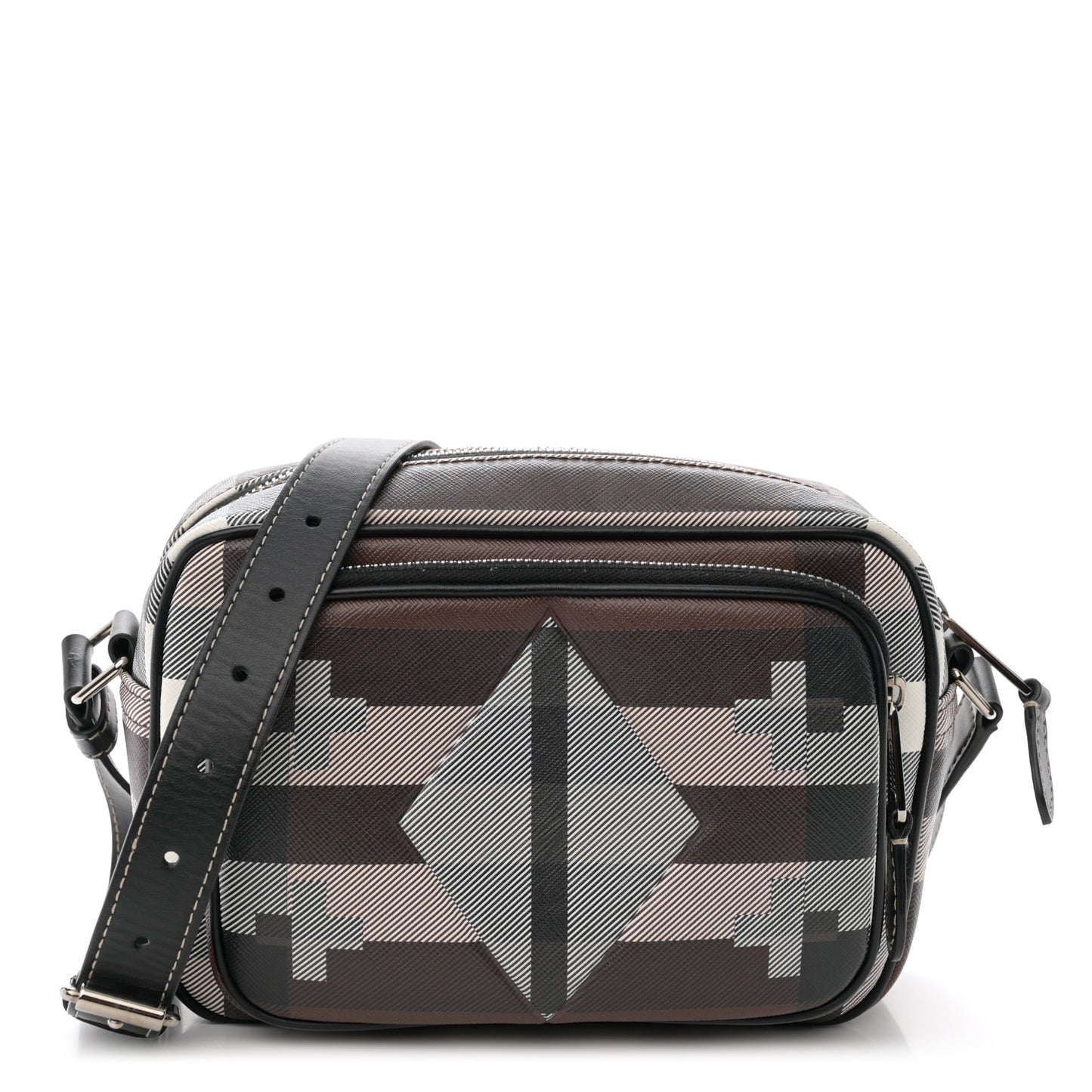E-Canvas Calfskin Geometric Check Paddy Messenger Dark Birch Brown White