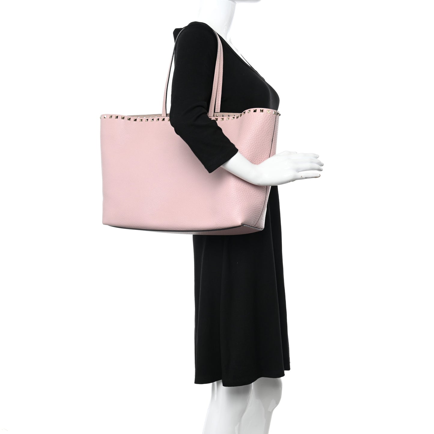 Grained Calfskin Rockstud Shoulder Tote Water Rose