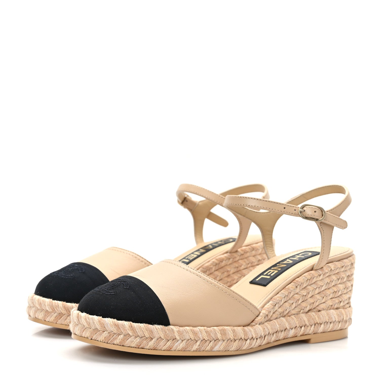 Chanel Lambskin Grosgrain CC Espadrilles Wedges 37 Beige Black 3 of 9