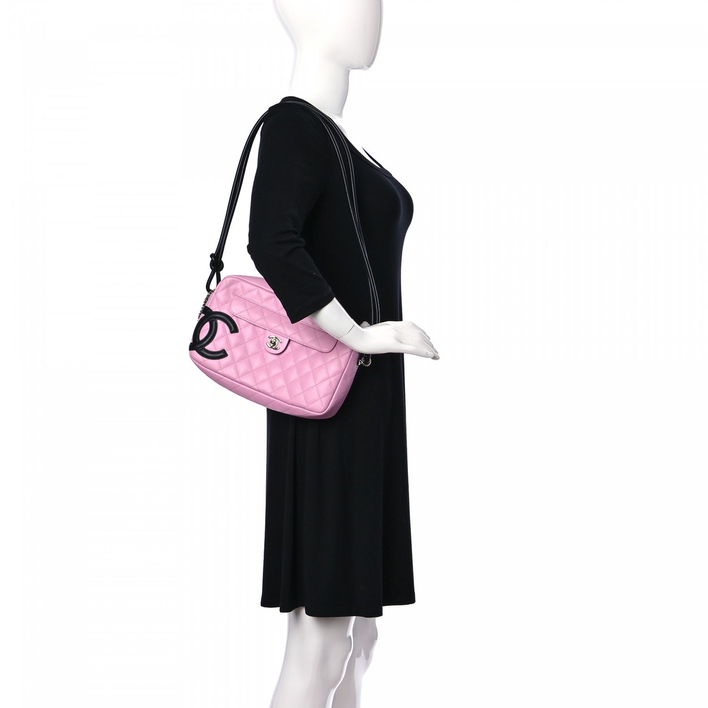 Calfskin Quilted Cambon Camera Case Pink Black