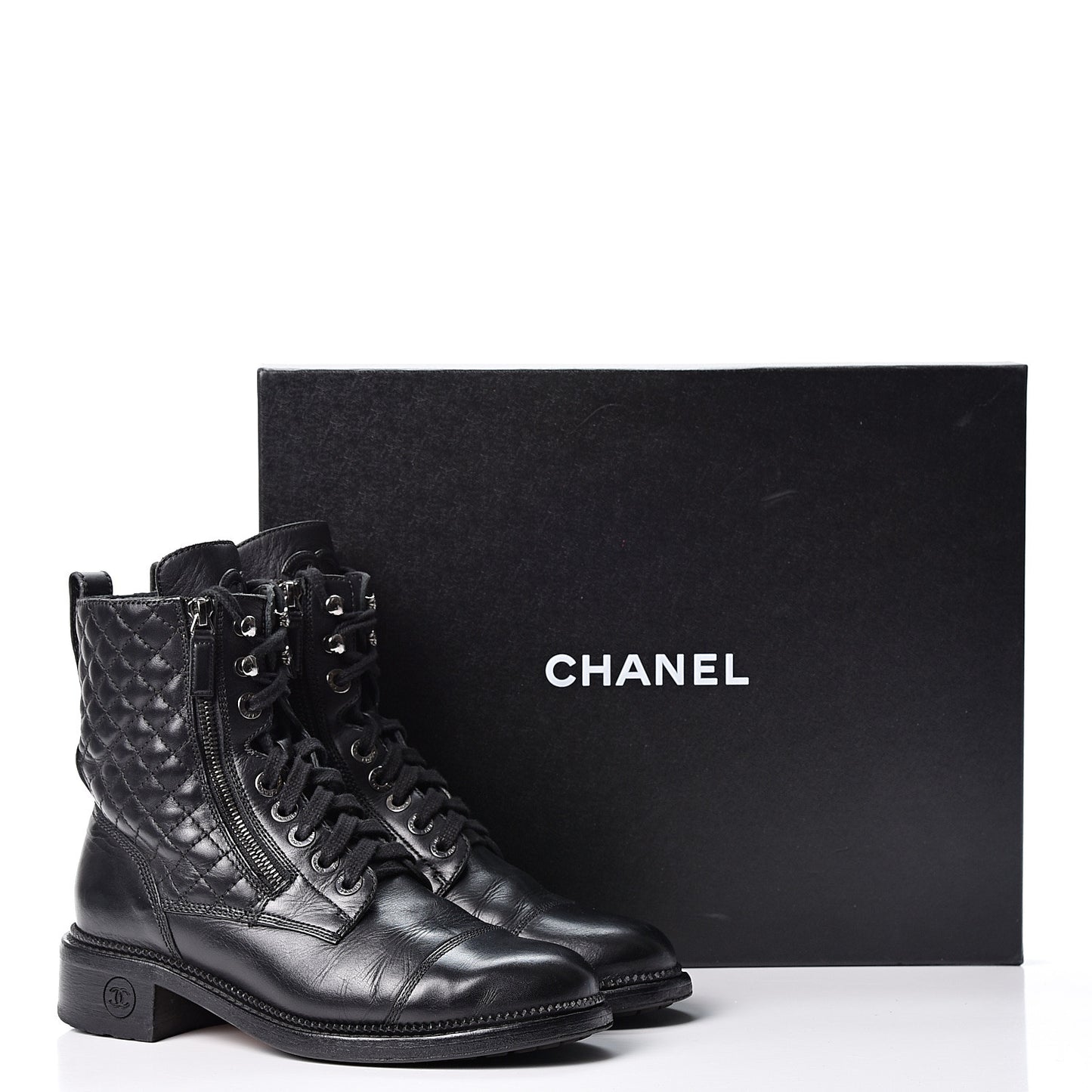 Calfskin Quilted Lace Up Combat Boots 38.5 Black