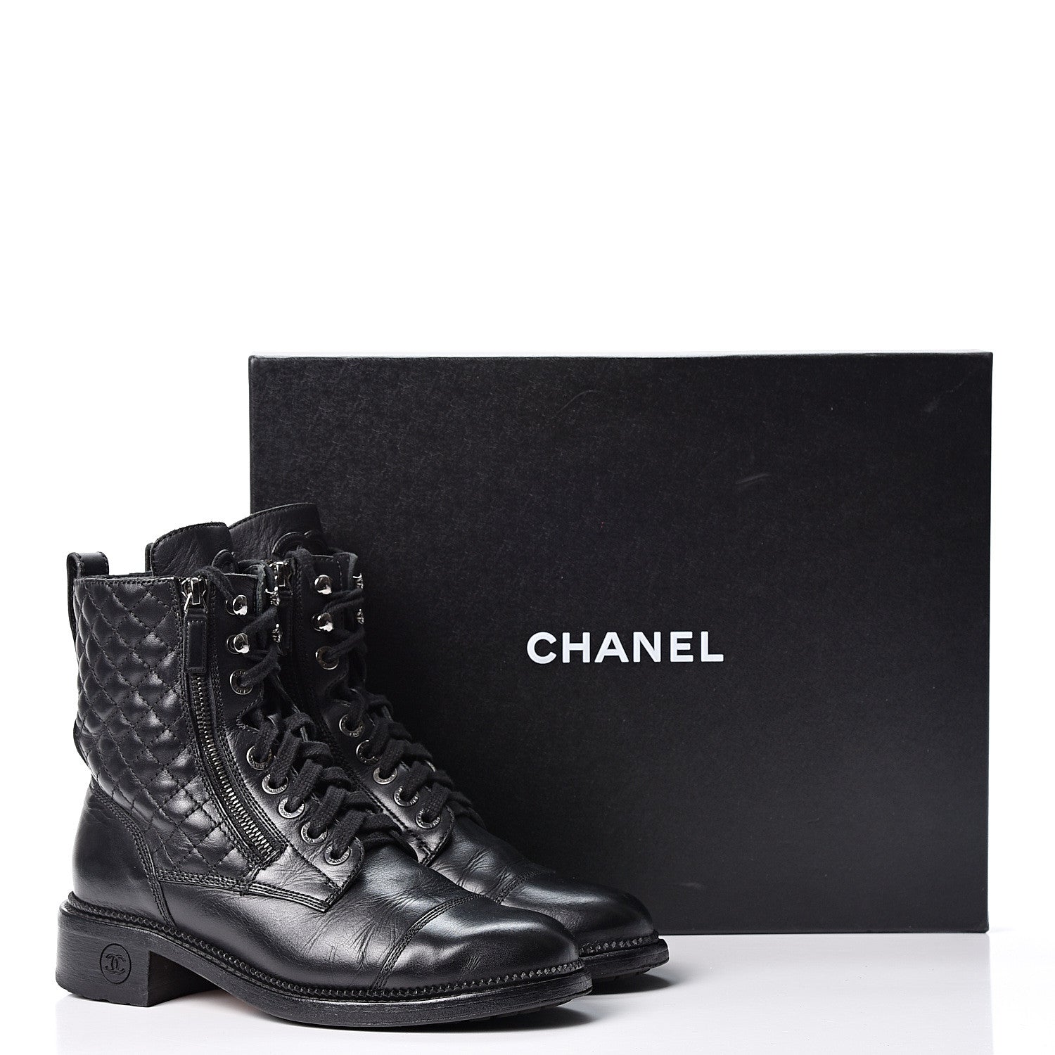 Chanel Calfskin Quilted Lace Up Combat Boots 38.5 Black 10 of 10