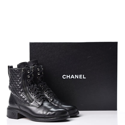 Chanel Calfskin Quilted Lace Up Combat Boots 38.5 Black 10 of 10