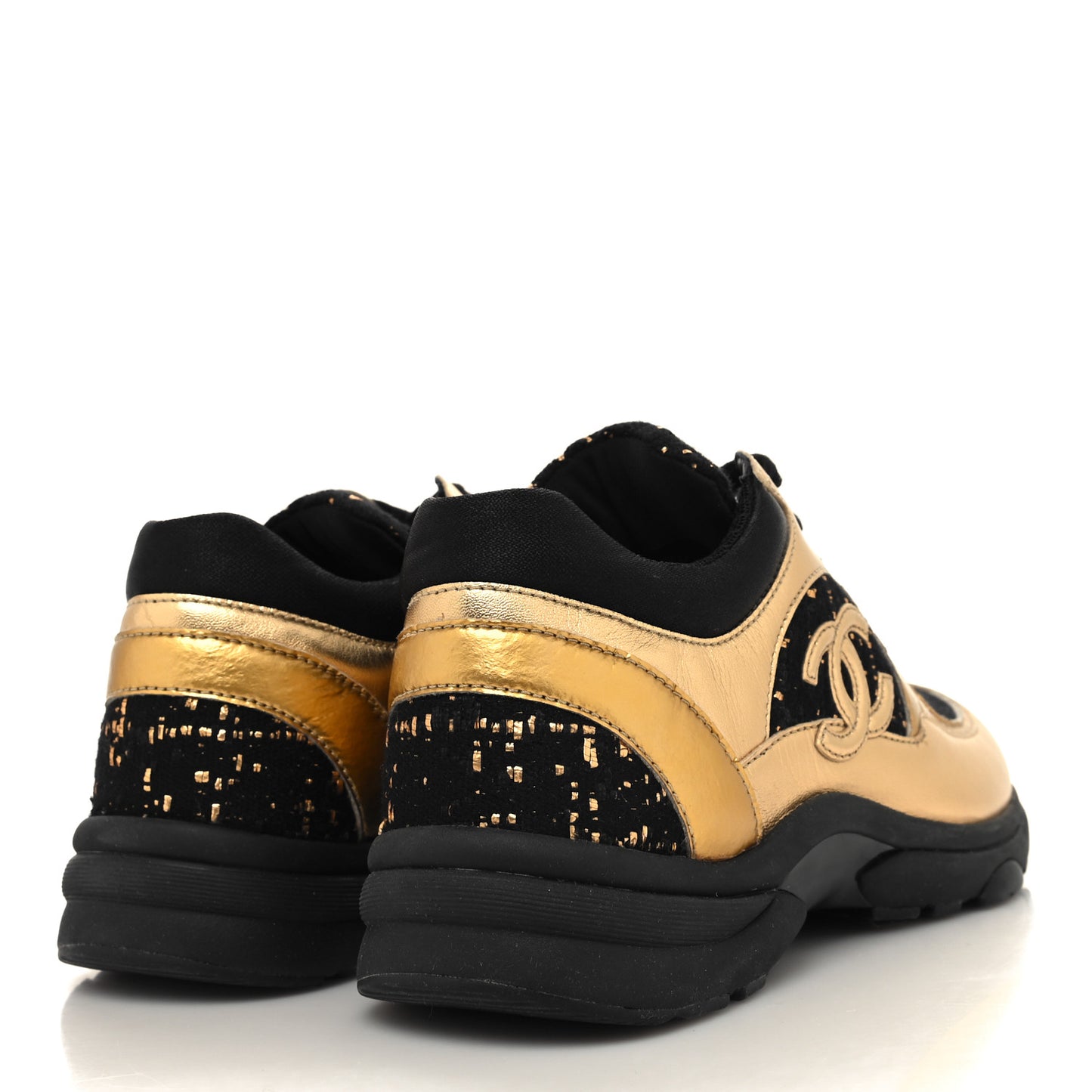 Satin Lambskin Fabric Tweed CC Sneakers 36 Gold Black