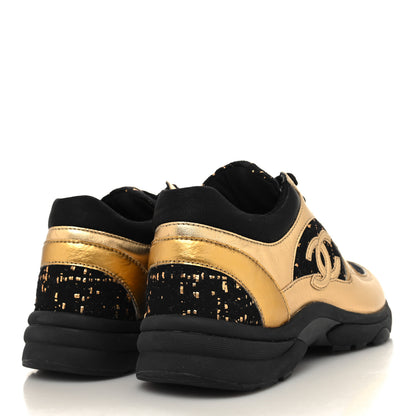 Chanel Satin Lambskin Fabric Tweed CC Sneakers 36 Gold Black 4 of 7