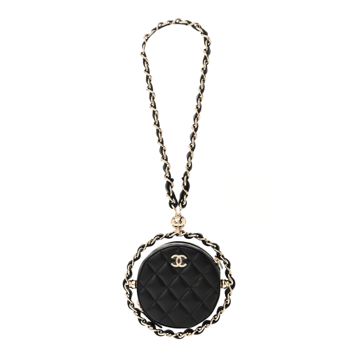 Lambskin Quilted Chain Round Mini Clutch Black
