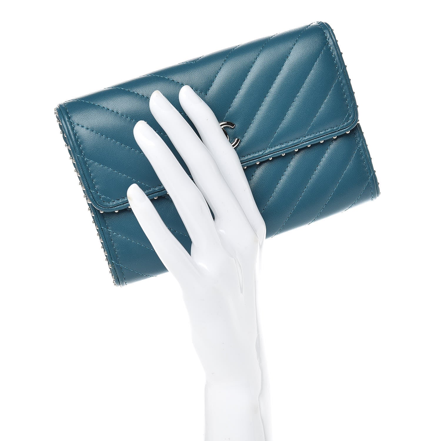 Chanel Lambskin Chevron Quilted Studded Small Flap Wallet Teal 2 of 13