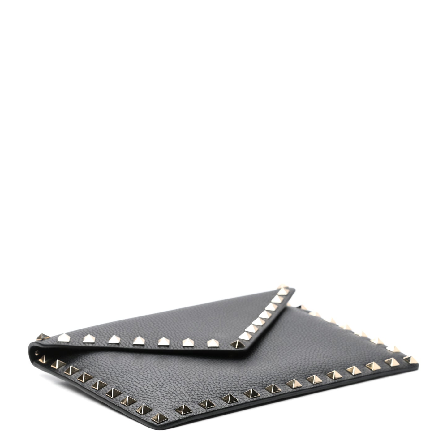Pebbled Calfskin Medium Rockstud Envelope Flat Wristlet Pouch Black