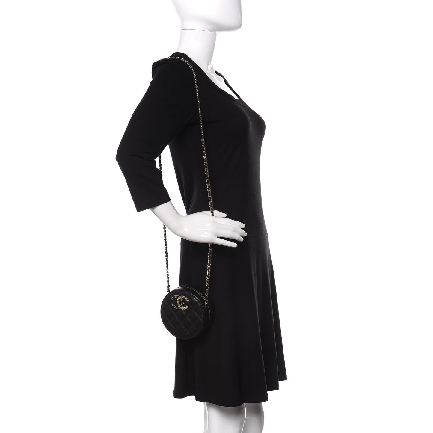 Caviar Quilted French New Wave Round Clutch With Chain Black
