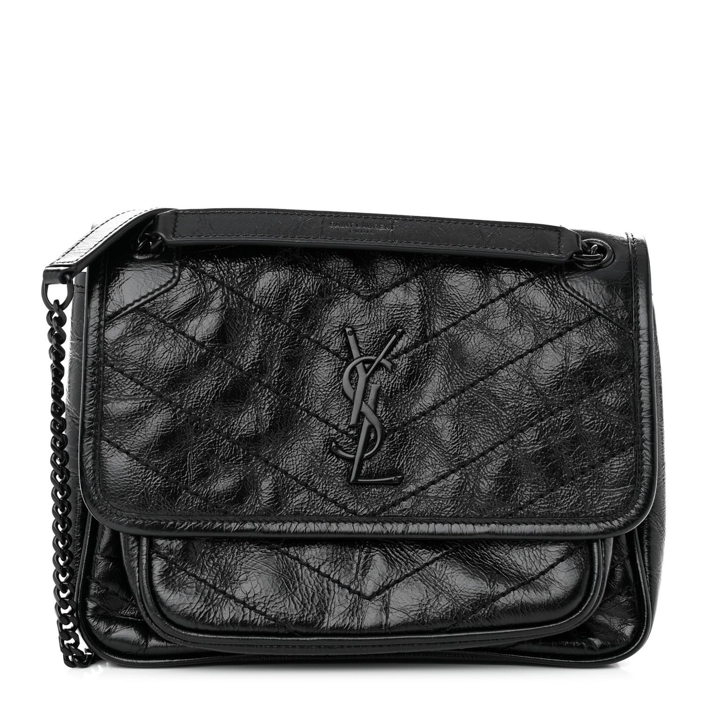 Crinkled Calfskin Matelasse Monogram Baby Niki Chain Satchel Black