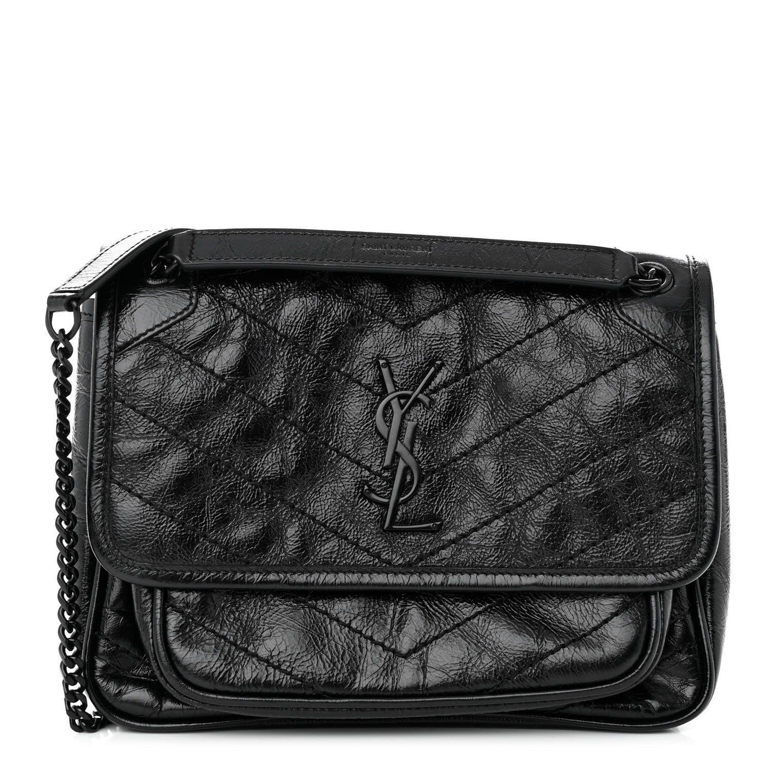 Saint Laurent Crinkled Calfskin Matelasse Monogram Baby Niki Chain Satchel Black 1 of 11