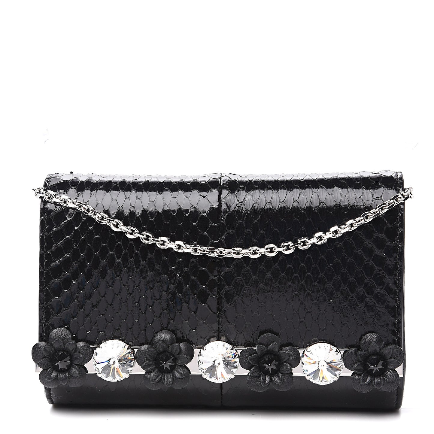 Snakeskin Crystal Flowerland Studded Mini Rush Clutch Black