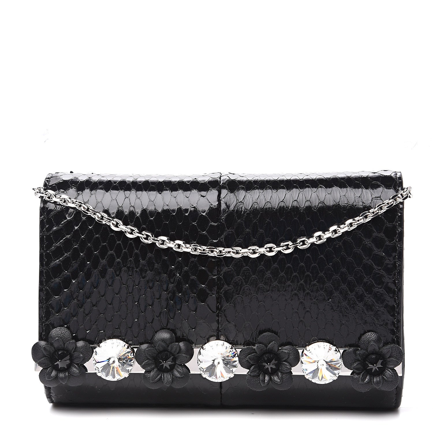 Fendi Snakeskin Crystal Flowerland Studded Mini Rush Clutch Black 1 of 10