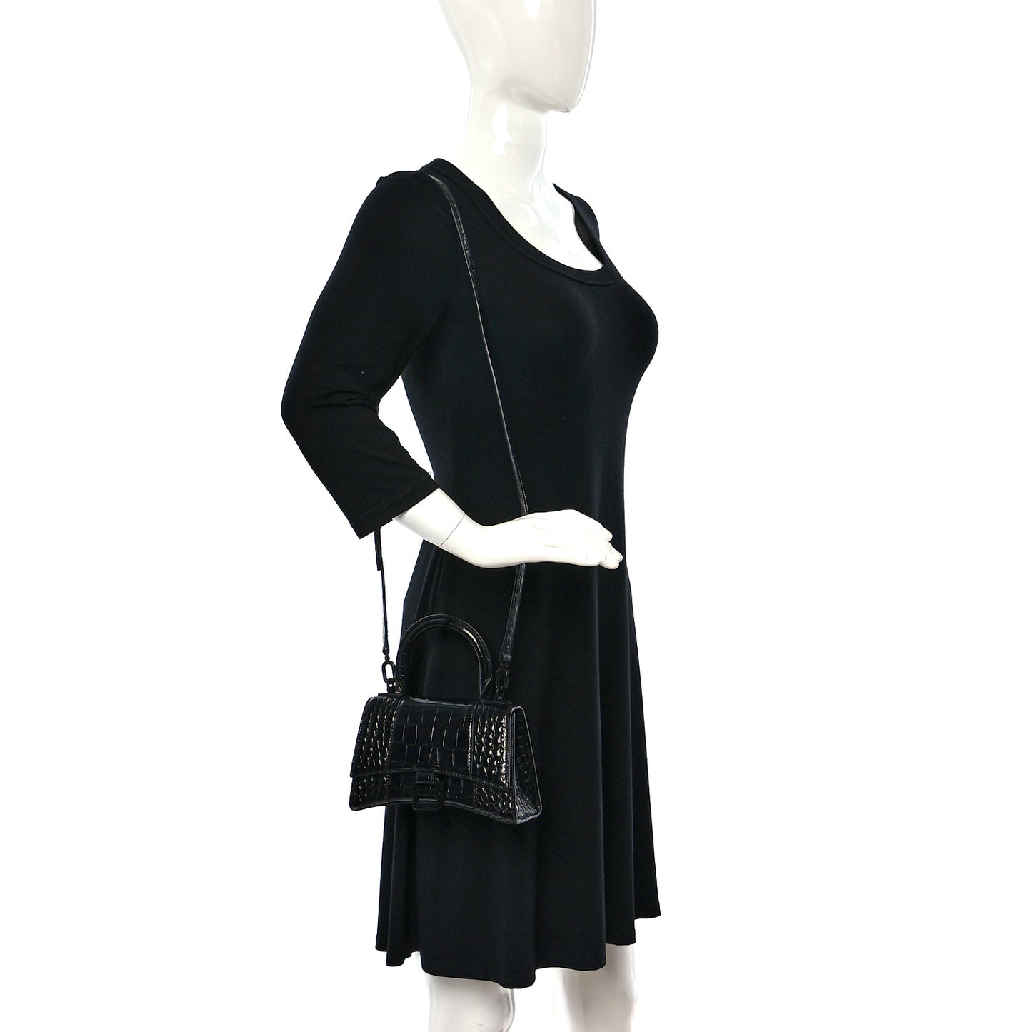 Shiny Calfskin Monochrome Crocodile Embossed Hourglass Top Handle Bag XS Black