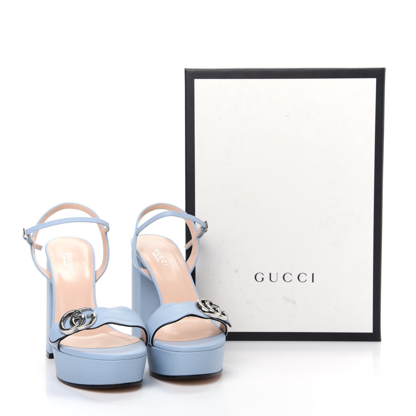 Calfskin GG Marmont Ankle Wrap 30/115mm Platform Sandals 39.5 Porcelain Light Blue