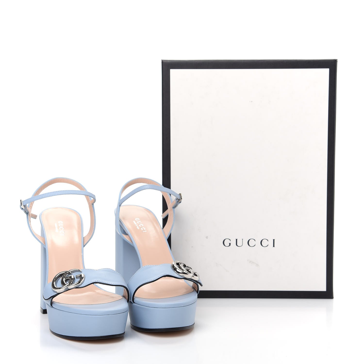 Gucci Calfskin GG Marmont Ankle Wrap 30/115mm Platform Sandals 39.5 Porcelain Light Blue 10 of 10