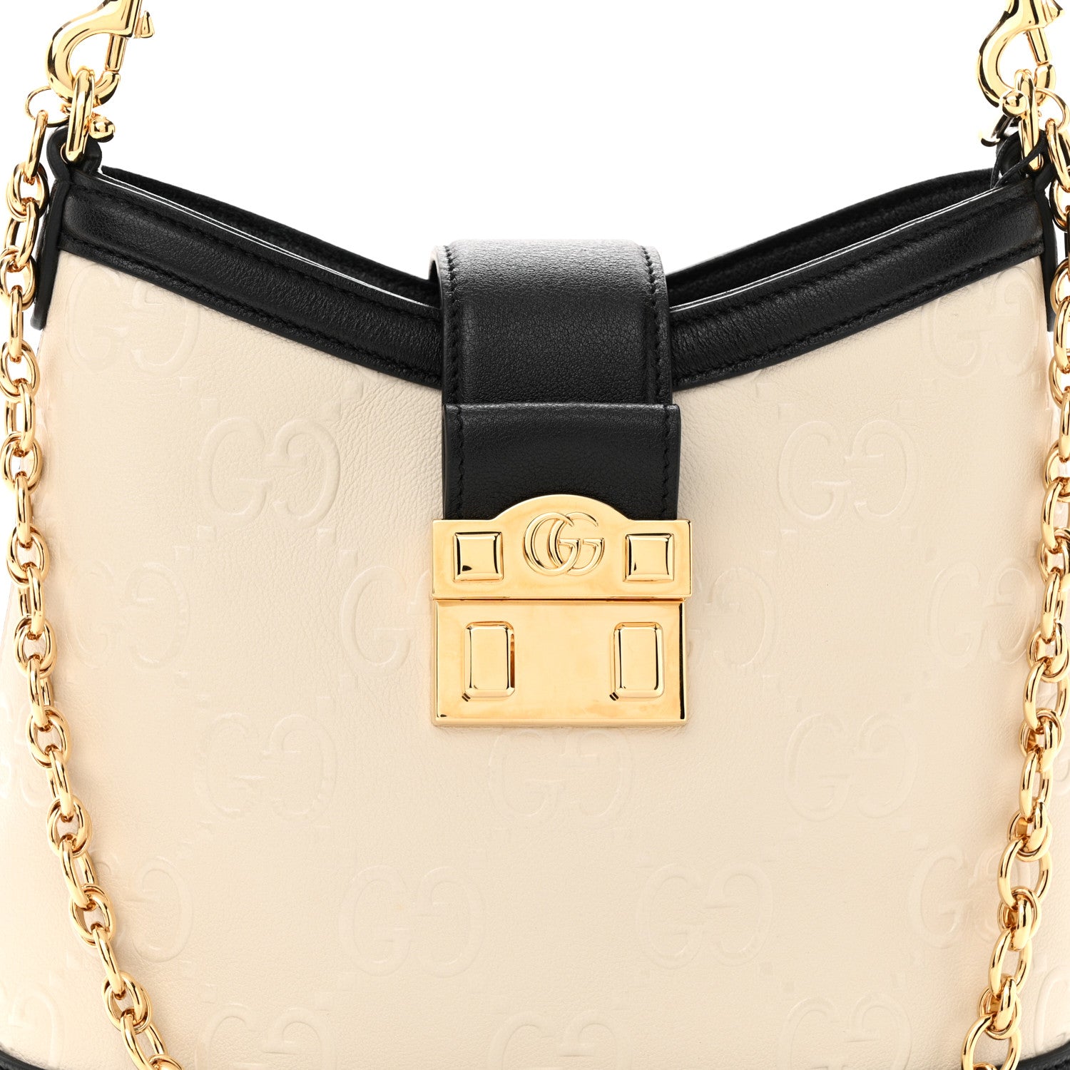 Gucci Wonka Grain Calfskin GG Monogram Debossed Small Padlock Shoulder Bag Mystic White Black 8 of 11