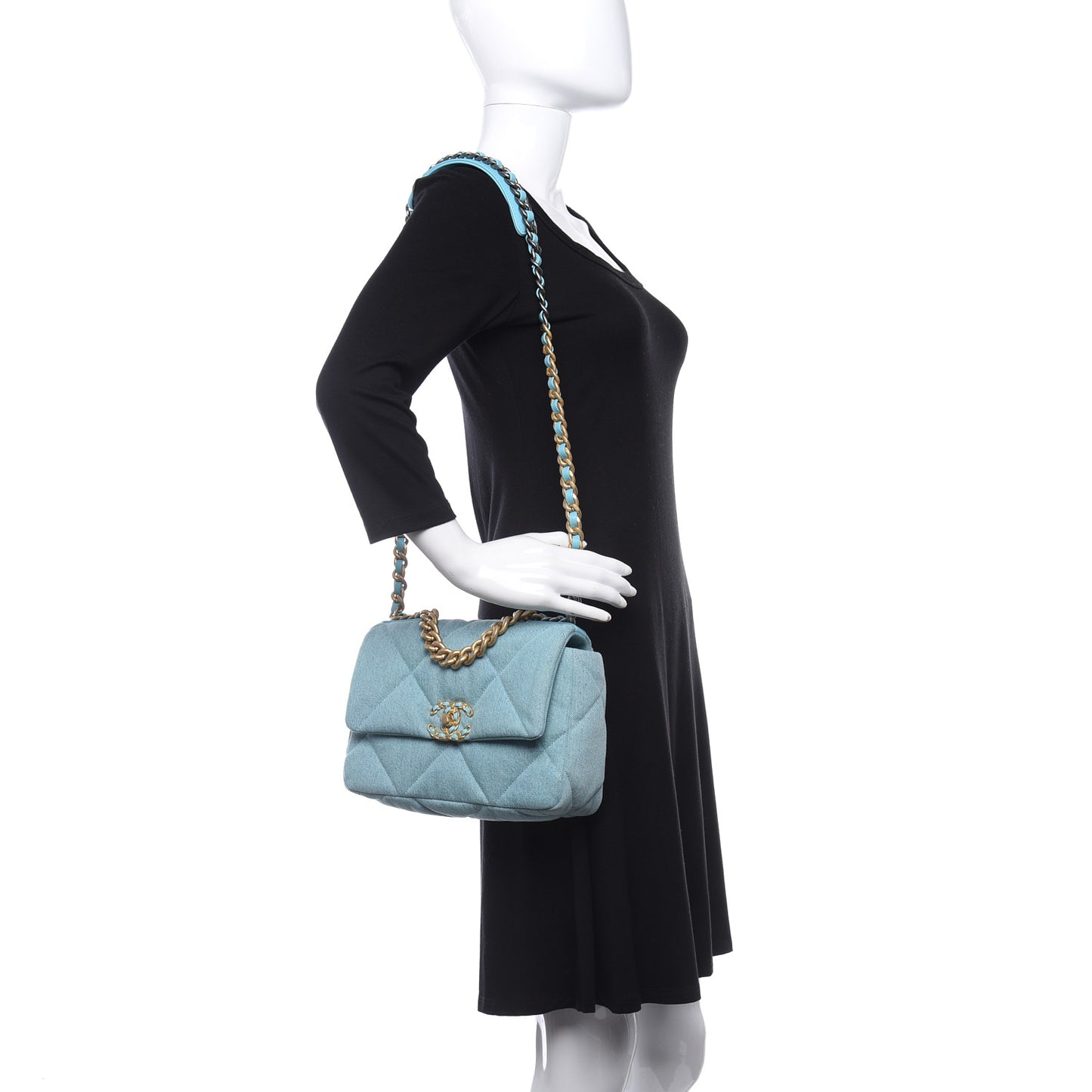 Denim Quilted Medium Chanel 19 Flap Neon Blue