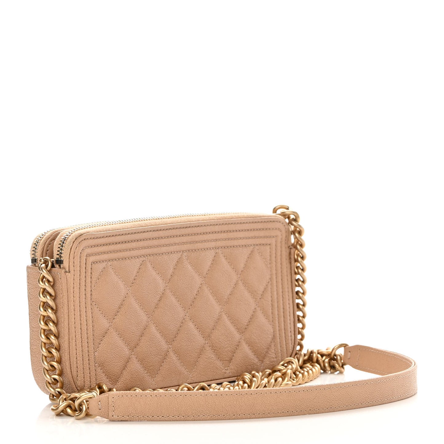 Caviar Quilted Small Boy Clutch With Chain Beige
