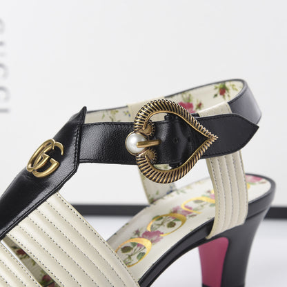 Gucci Malaga Kid T-Strap Mid Heel Sandals 36 Black White 10 of 14
