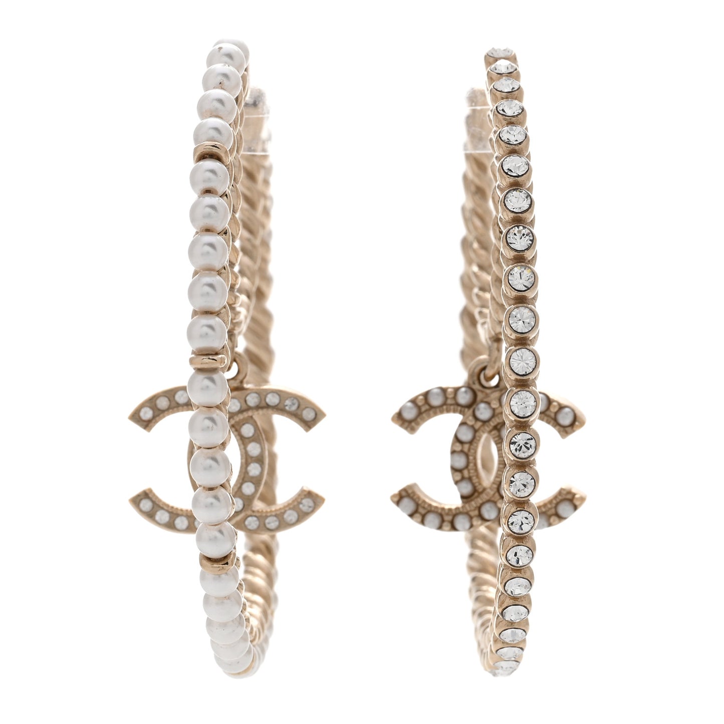 Crystal Pearl CC Drop Hoop Earrings Gold Pearly White