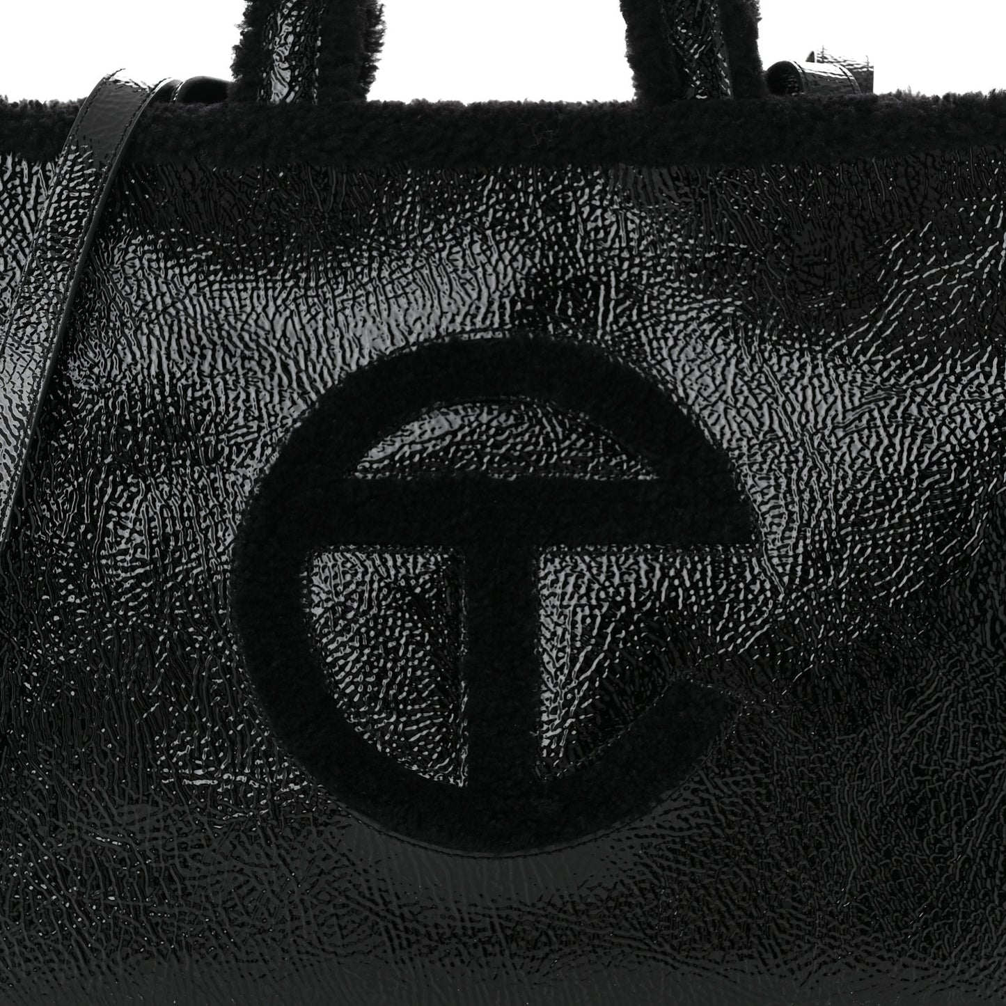 X UGG Crinkle Patent Shearling Medium Shopping Bag Black