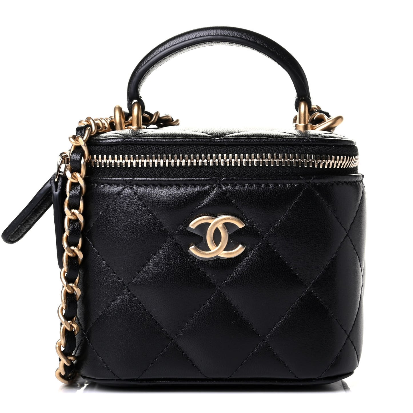 Lambskin Quilted Top Handle Mini Vanity Case With Chain Black