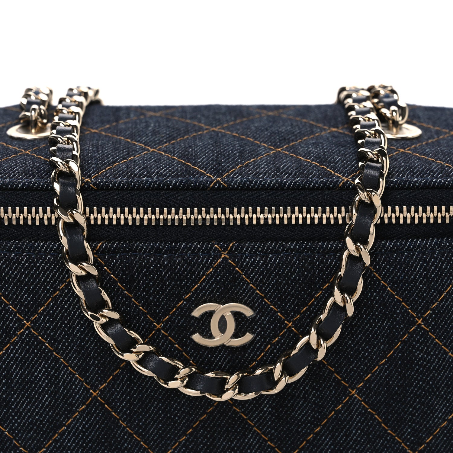 Chanel Denim Quilted Small Vanity Case With Chain Dark Blue Orange 7 of 9