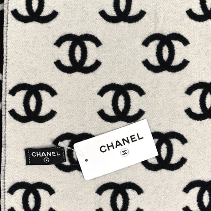 Chanel Wool Cashmere CC Scarf Black White 3 of 4